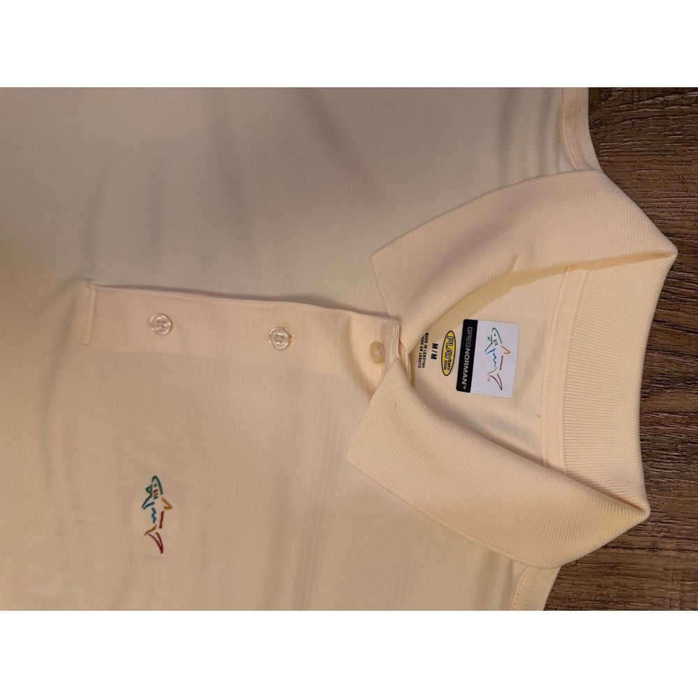 Greg Norman Play Dry Mens m Pale Yellow Short Sleeve Golf Polo Shirt Shark Logo - Picture 3 of 9